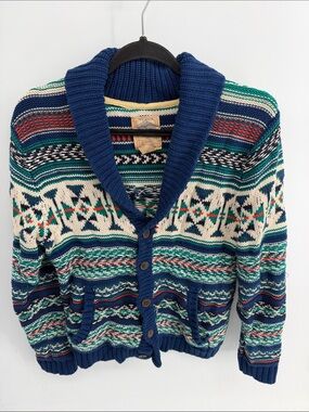 Salt Valley heavy weight Fair Isle shawl collar knit grandpa cardigan sweater L